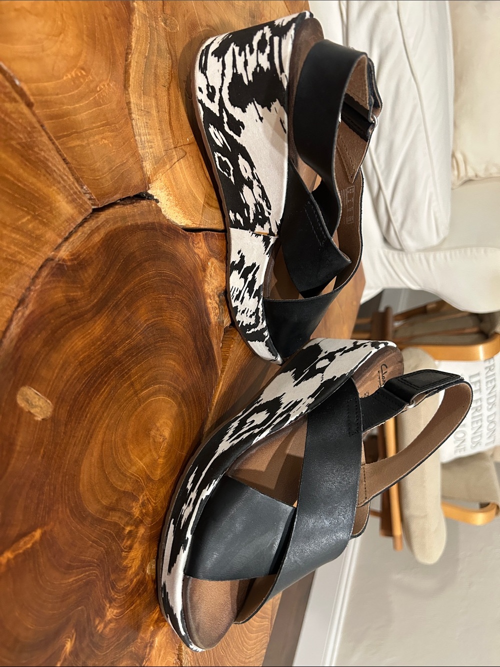Clarks Black and White Patterned Platform Wedge Sandals